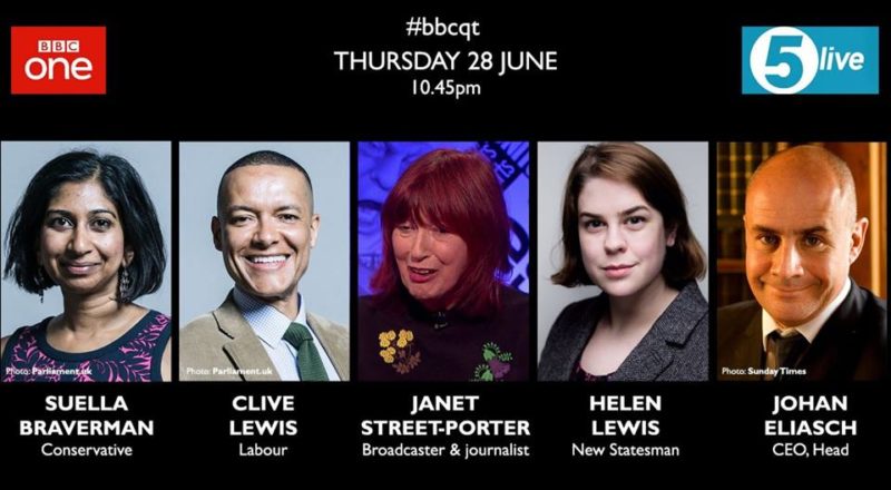 Thursday 28th June Question Time Panellists: Suella Braverman, Clive Lewis, Janet Street-Porter, Helen Lewis, John