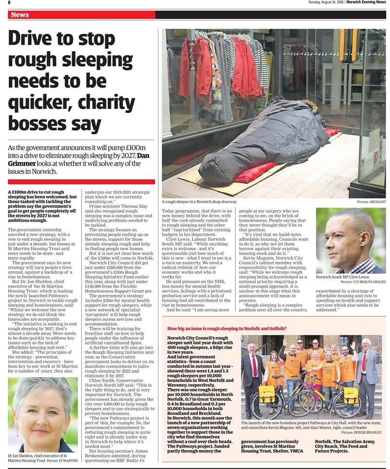 EDP article: "Drive to stop rough sleeping needs to be quicker, charity bosses say"