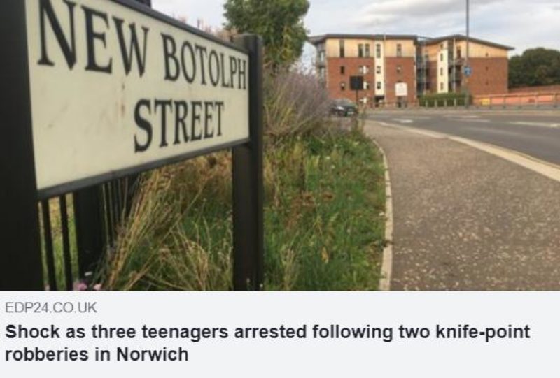 EDP article: "shock as three teenagers arrested following two knife-point robberies in Norwich"