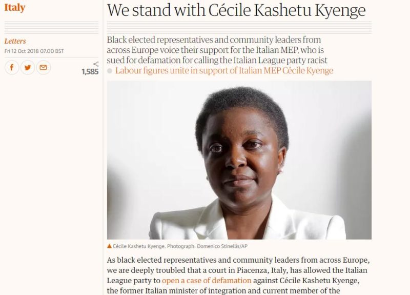 Guardian article: "We stand with Cécile Kashetu Kyenge"