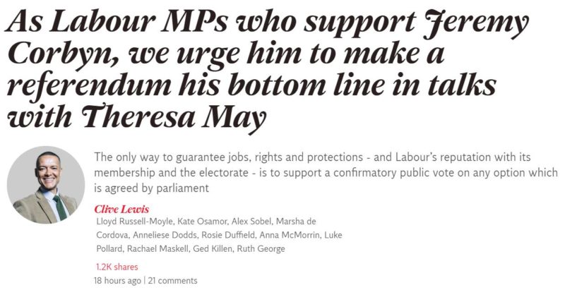 Headline: "As Labour MPs who support Jeremy Corbyn, we urge him to make a second referendum his bottom line in talks with Theresa May"