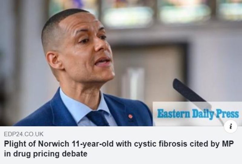 "Norwich 11-year-old with cystic fibrosis cited by MP in drug pricing debate"