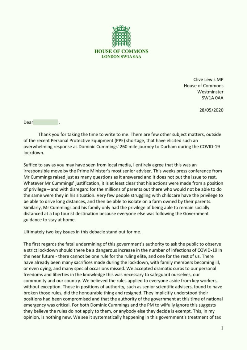 Letter to constituents regarding Dominic Cummings, page one