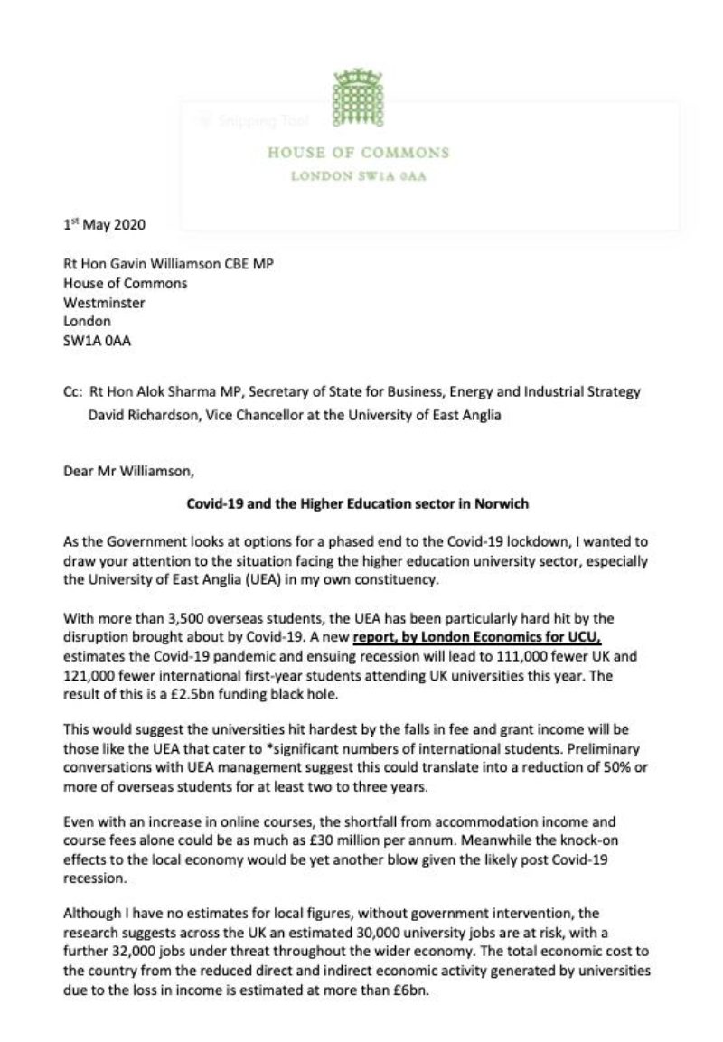 Letter to the government to ask for more COVID-19 help for Norwich higher education (HE) institutions including the University of East Anglia (UEA).