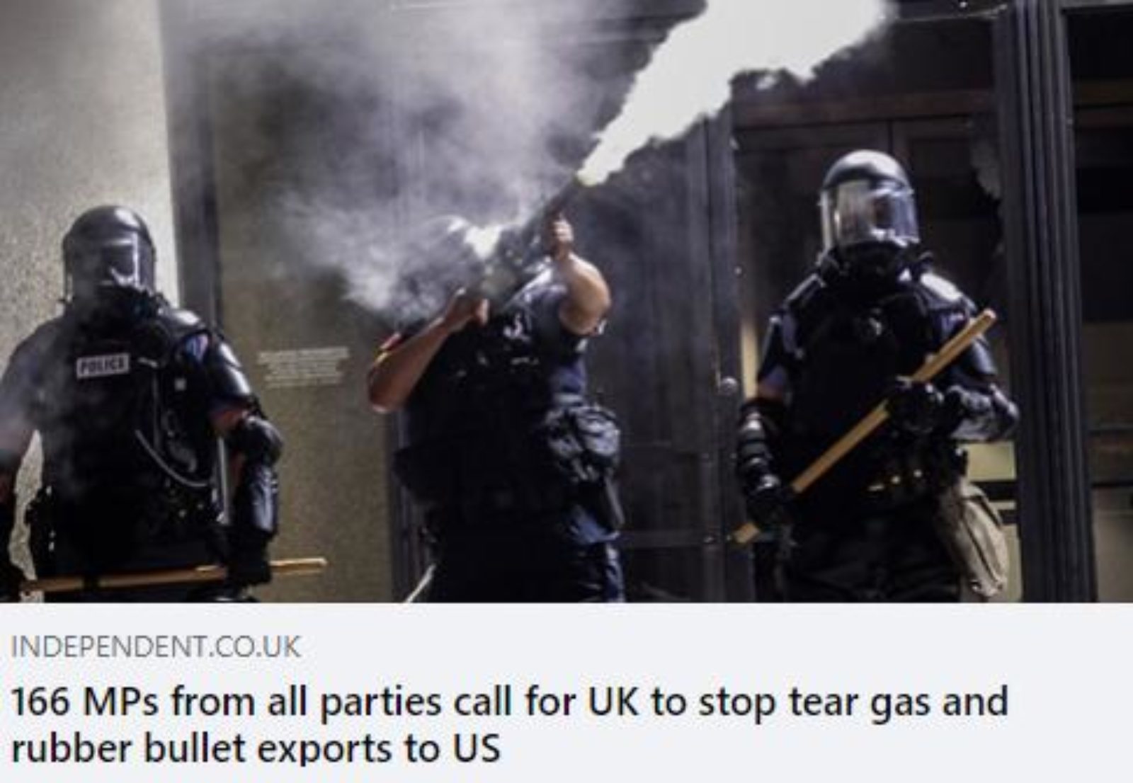 "George Floyd protests: 166 MPs from all parties call for UK to stop teargas and rubber bullet exports to US"