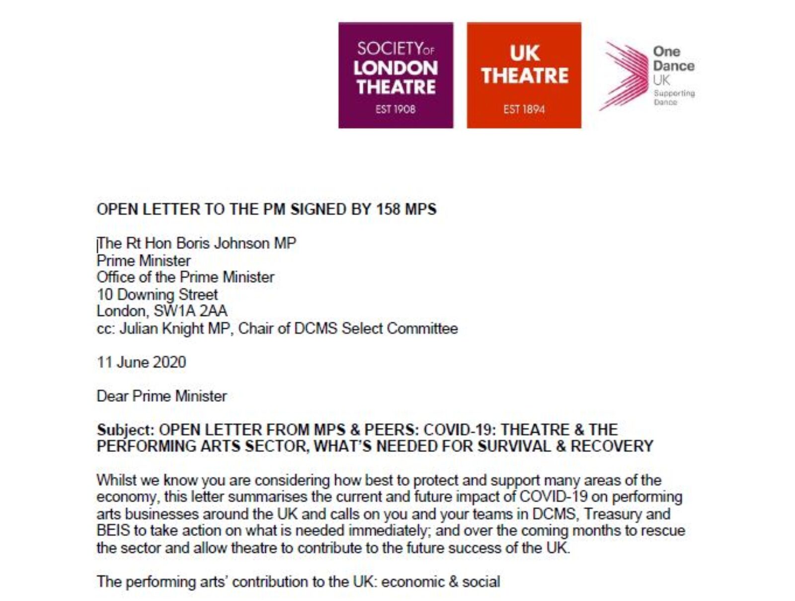 UK Theatres open letter