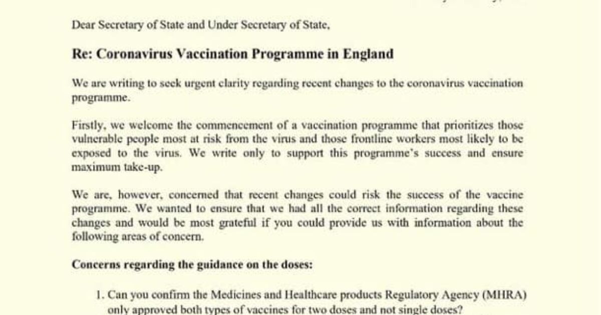 Covid Vaccine letter to Secretary of State Clive Lewis