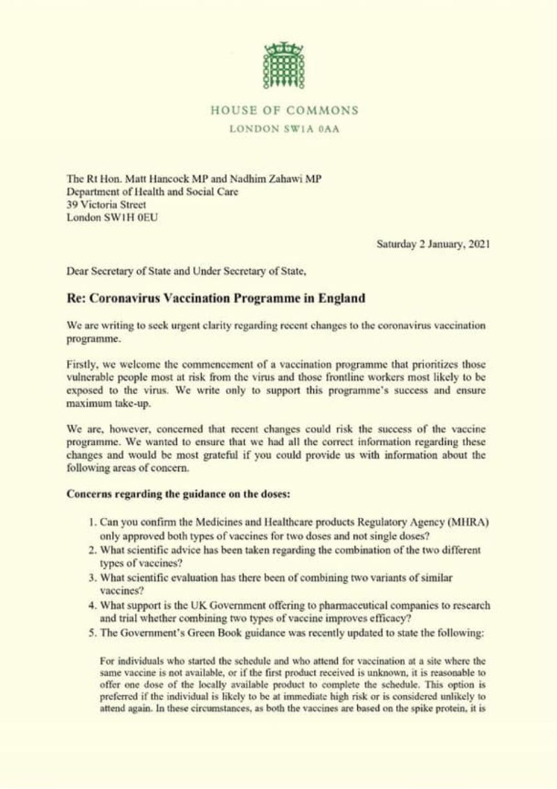 Covid-19 vaccine: letter to Secretary of State part one