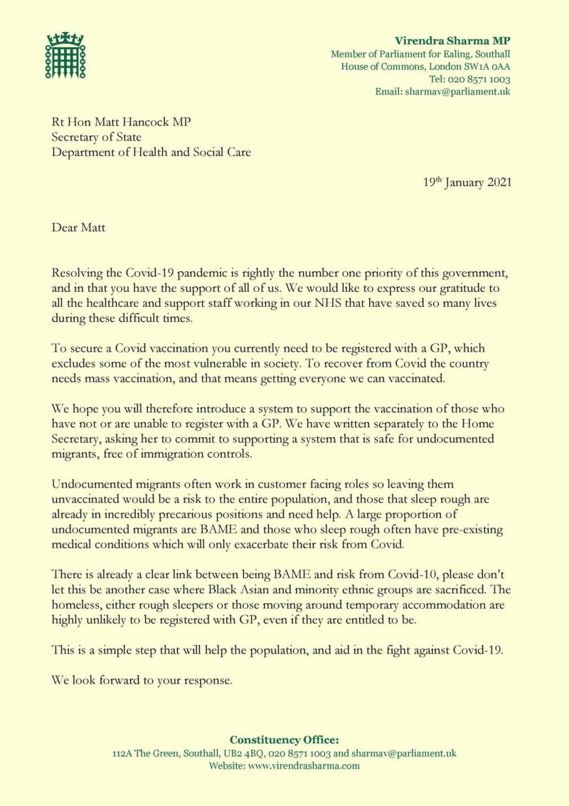 Letter to Matt Hancock MP