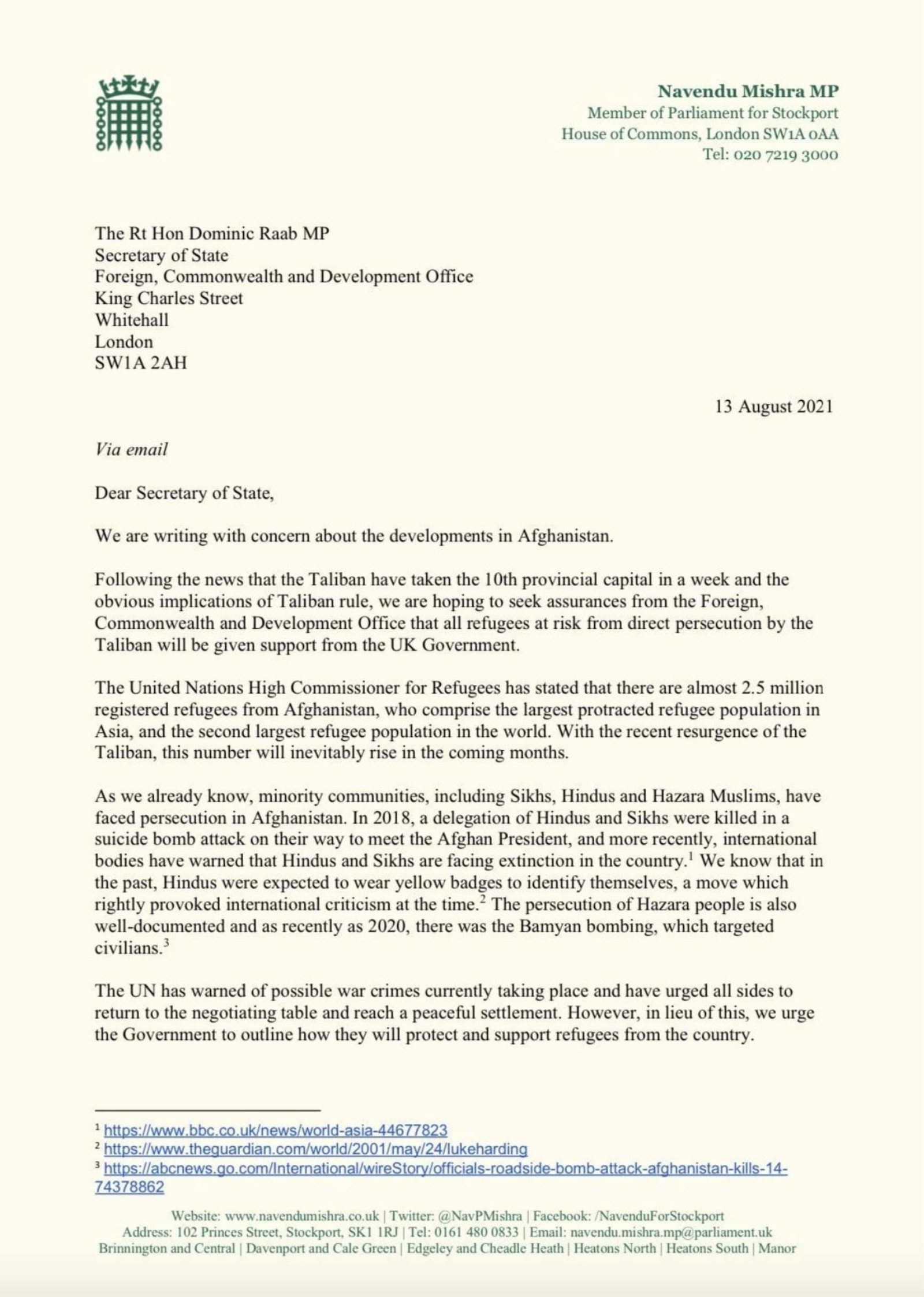 Image of a letter to the Home Secretary