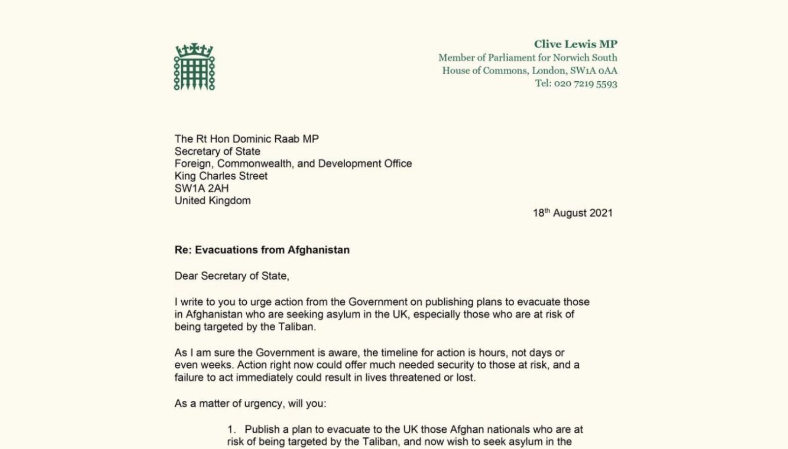 Image of a letter to the Secretary of State for Foreign Affairs
