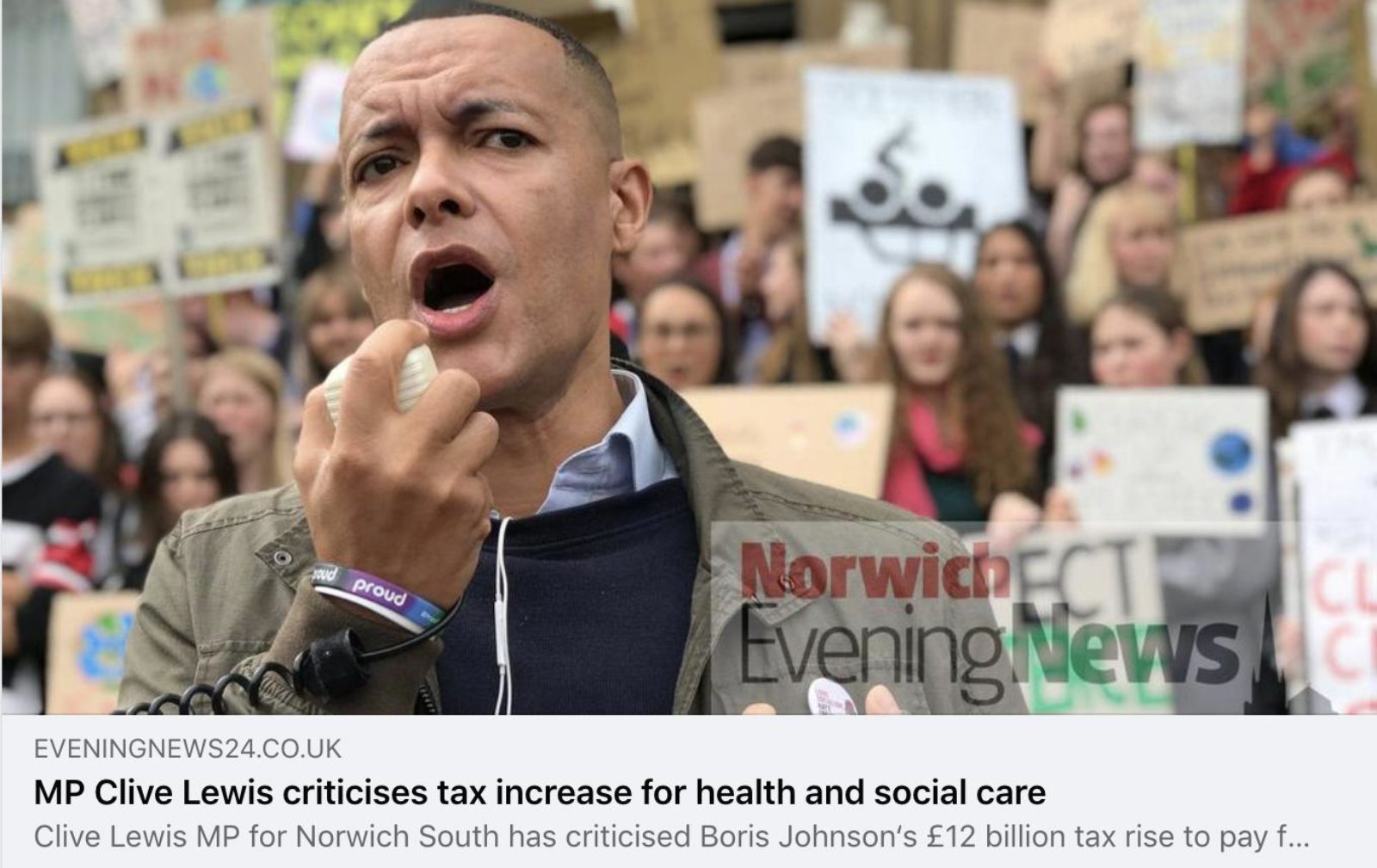 Image of an EDP News article with Clive speaking. News article title reads "MP Clive Lewis criticises tax increase for health and social care"