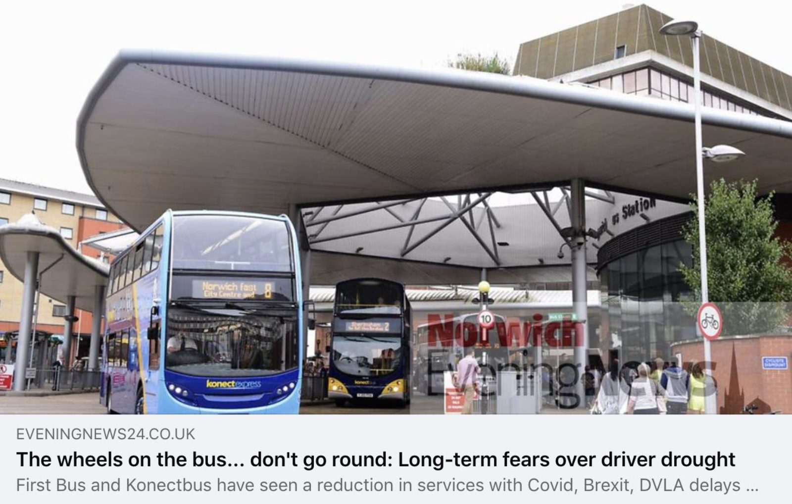 Image shows a picture an EDP article with an image of Norwich bus station. The title of the article reads "The wheels on the bus... don