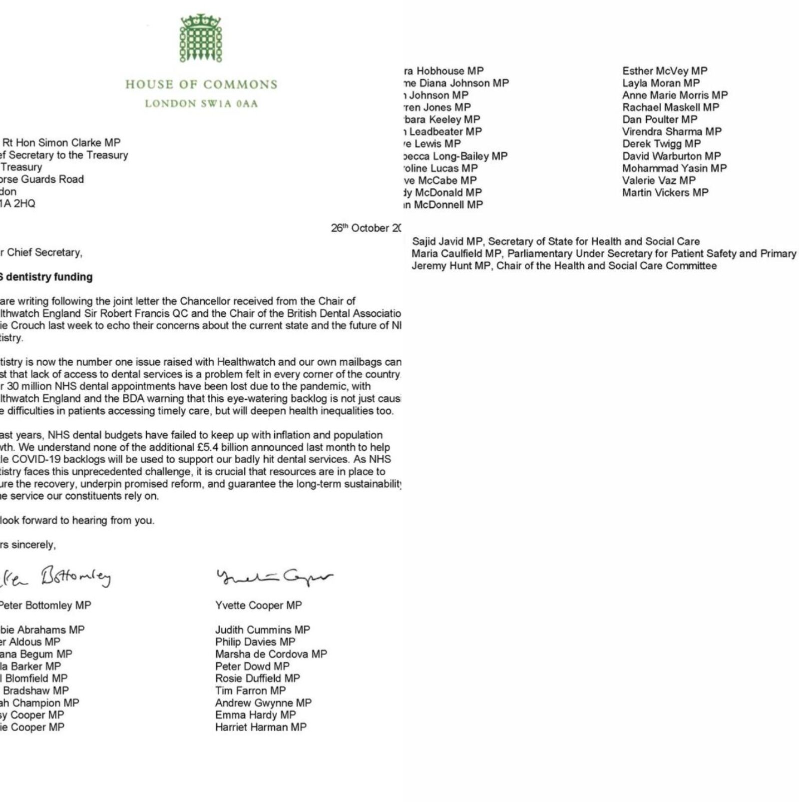 Image shows a letter signed by multiple MPs