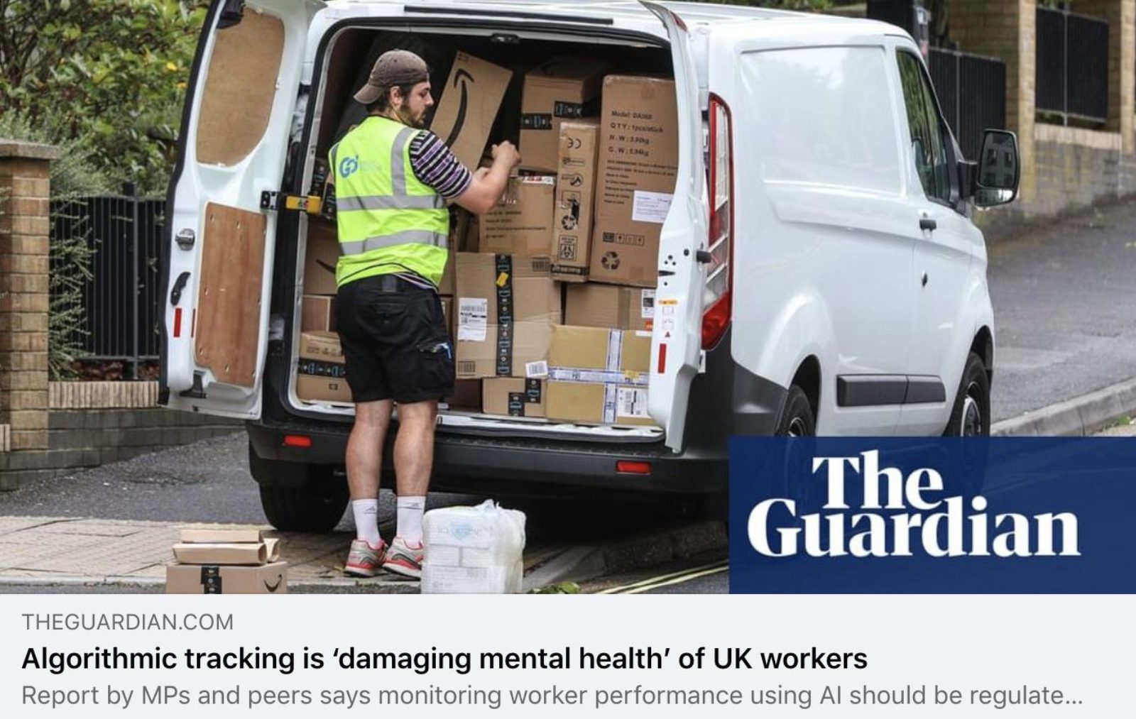 Image shows a Guardian new article with a delivery man loading boxes into a van