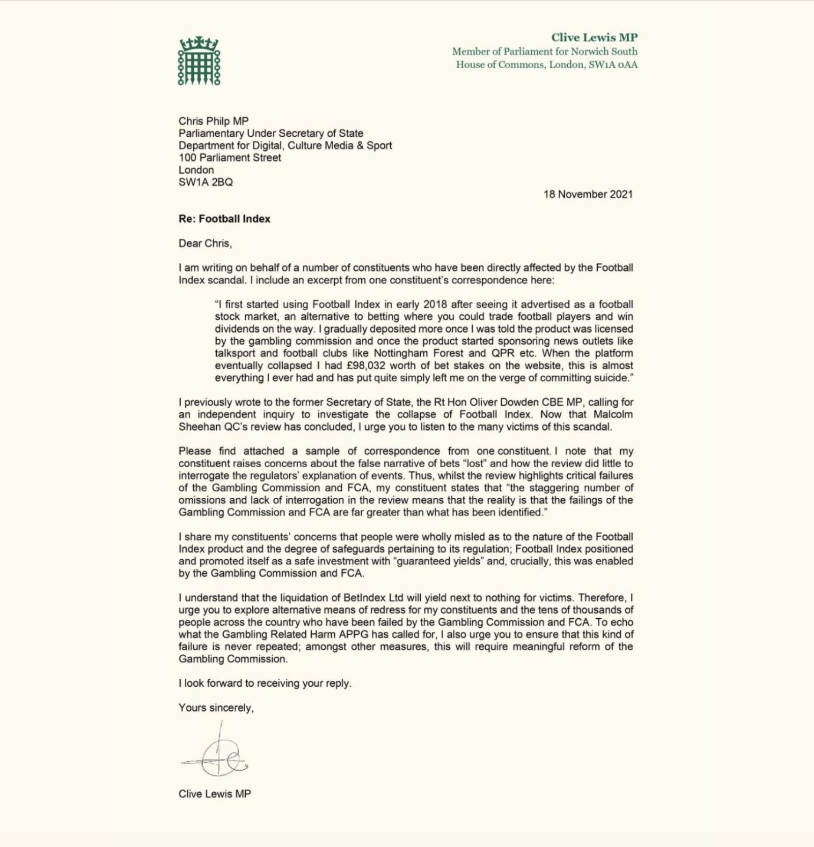 Image shows a letter on Parliamentary Paper from Clive to Chris Philip