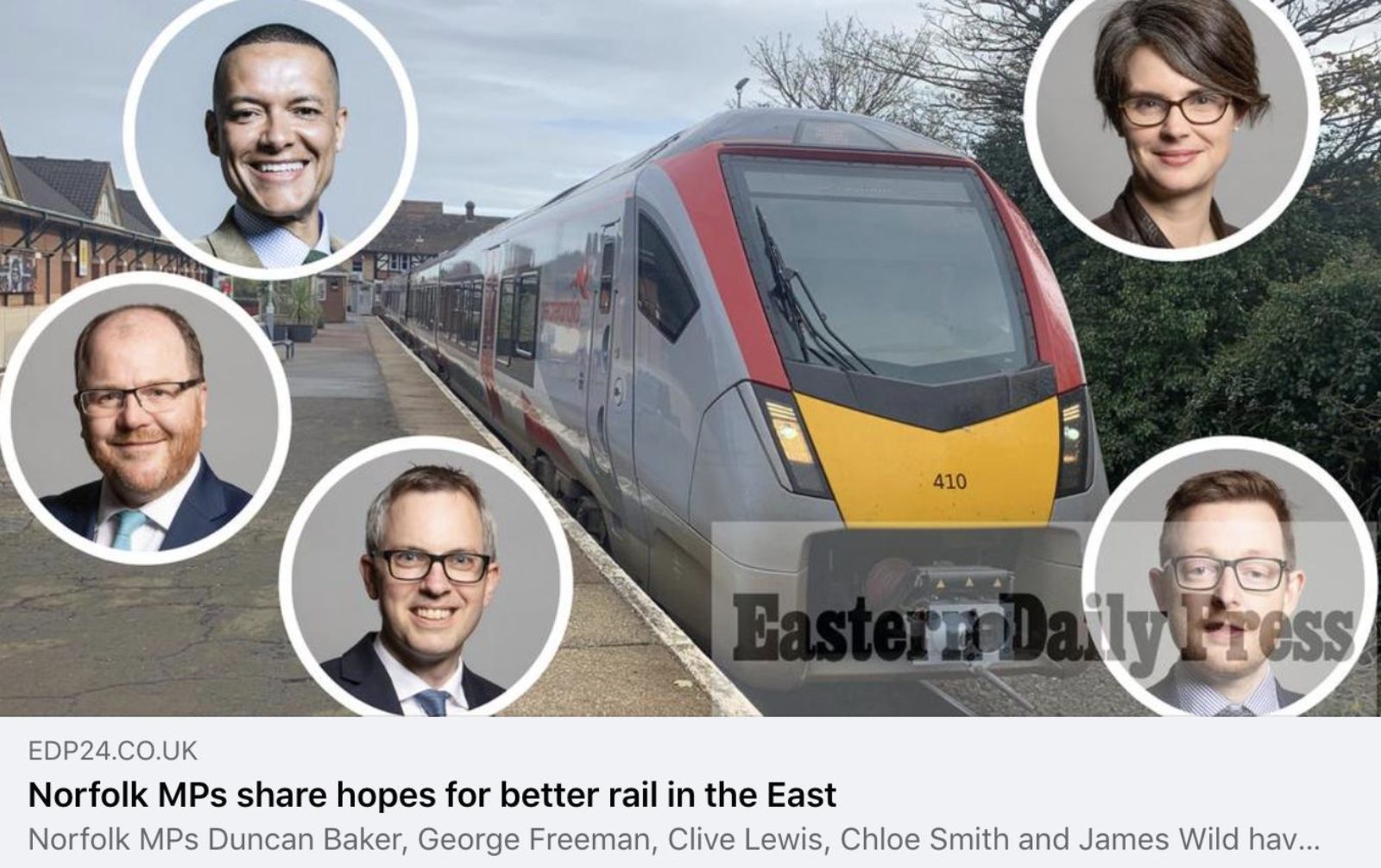 Image shows an EDP article with an image of a train and the face of Norfolk MPs over the top
