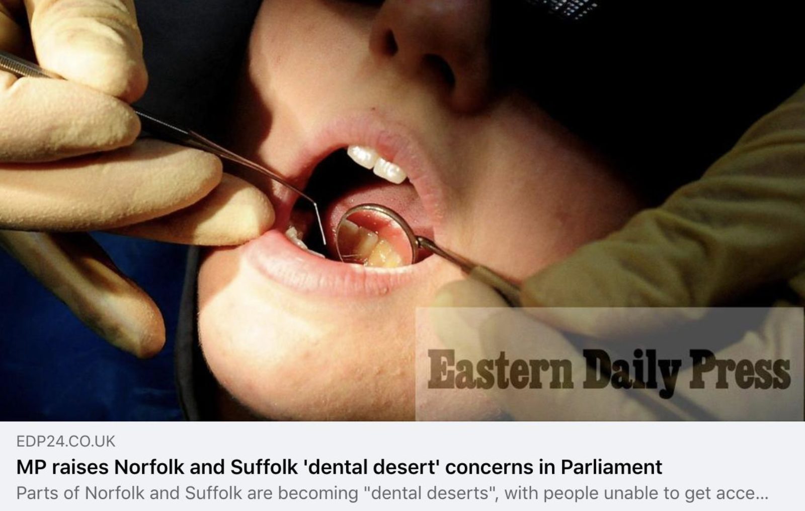 Image shows an EDP article with a picture of a person getting their teeth checked