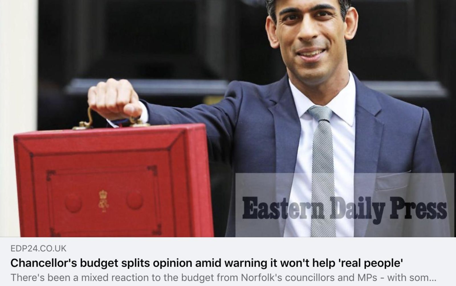Image shows a news article with a picture of Rishi Sunak holding a red briefcase