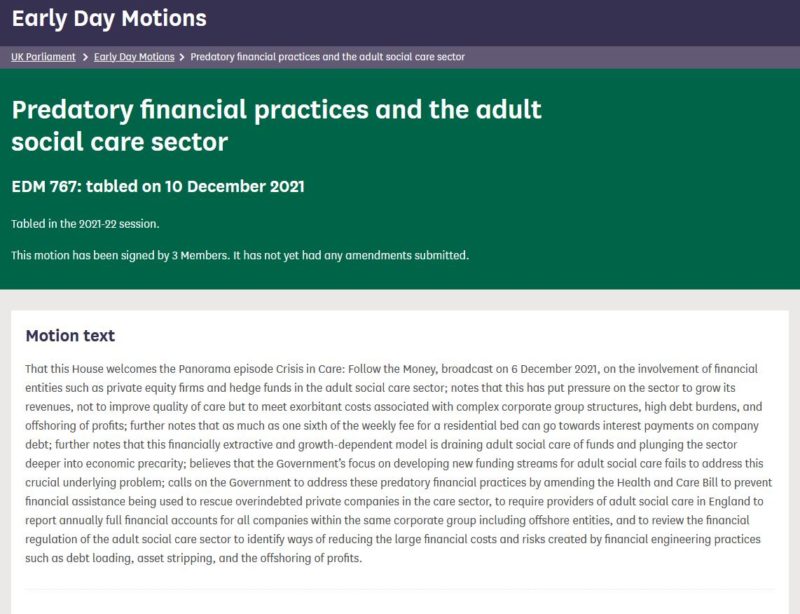 EDM 767: predatory financial practices and the adult social care sector