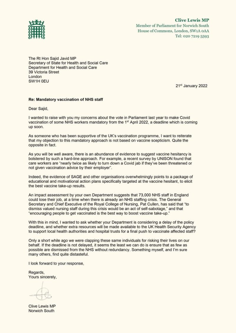 Mandatory vaccinations for NHS staff: my letter to Health Secretary