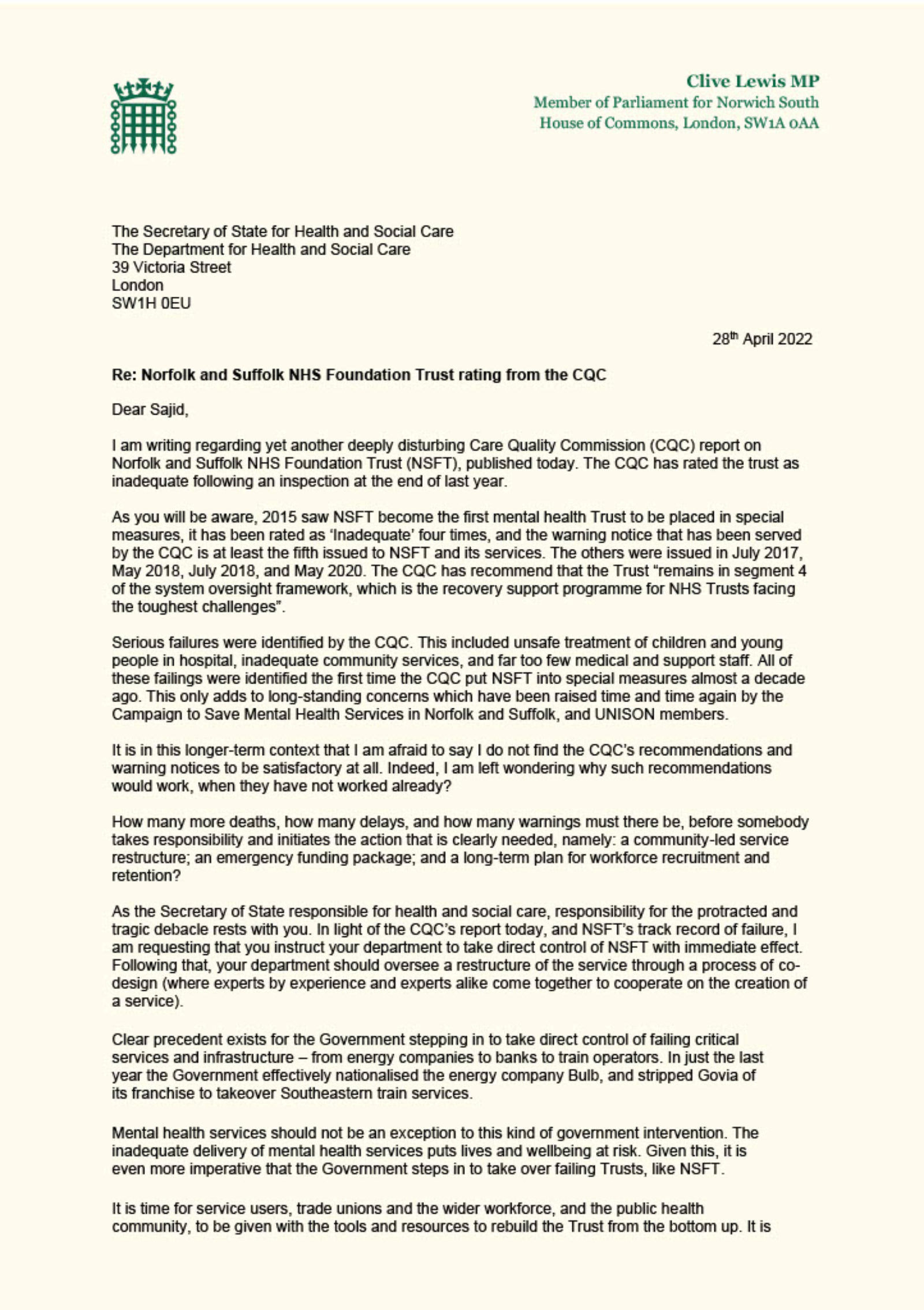 Letter to the Secretary of State for Health and Social Care re NSFT