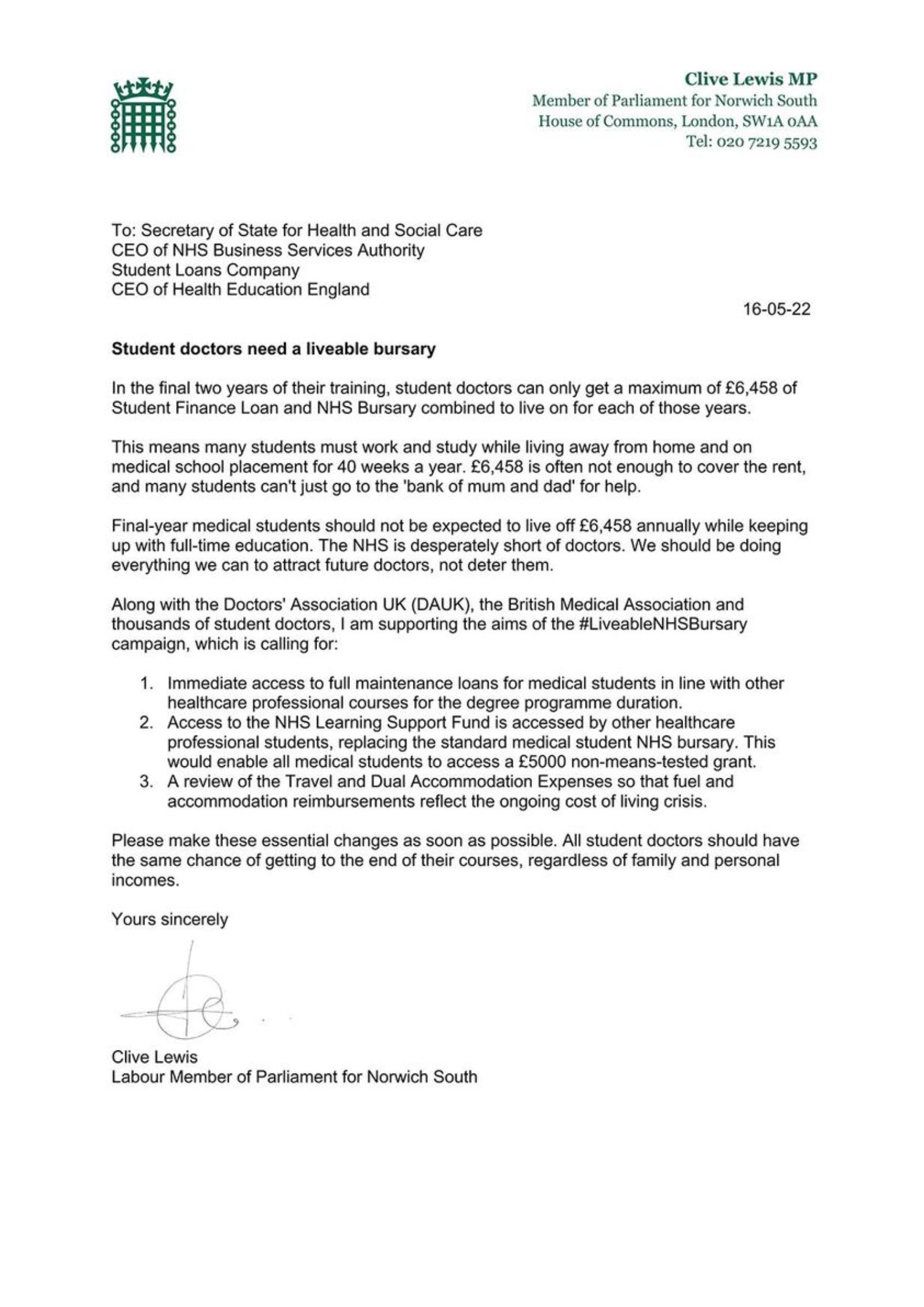 Letter calling for the introduction of a liveable NHS bursary