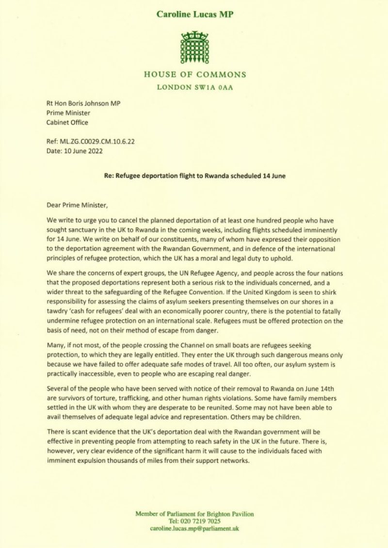Letter to the Prime Minister re Rwanda deportation flight page 1