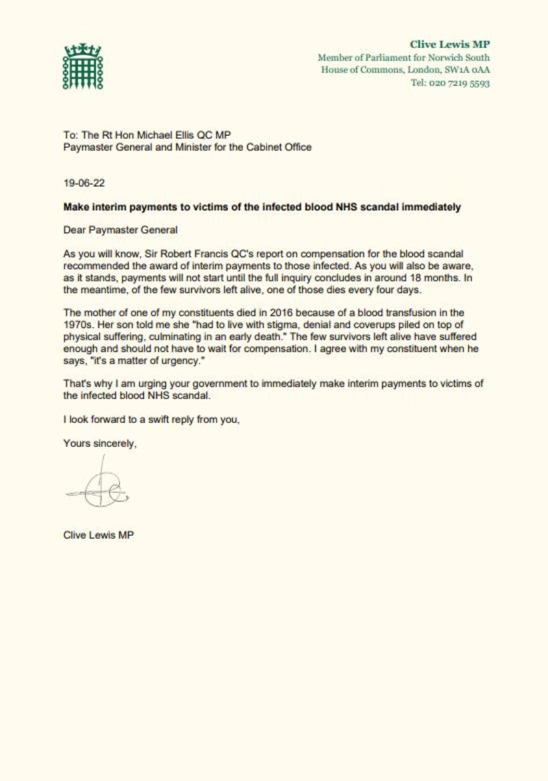 Letter to the Paymaster General re payments to the victoms of the contaminated blood scandal