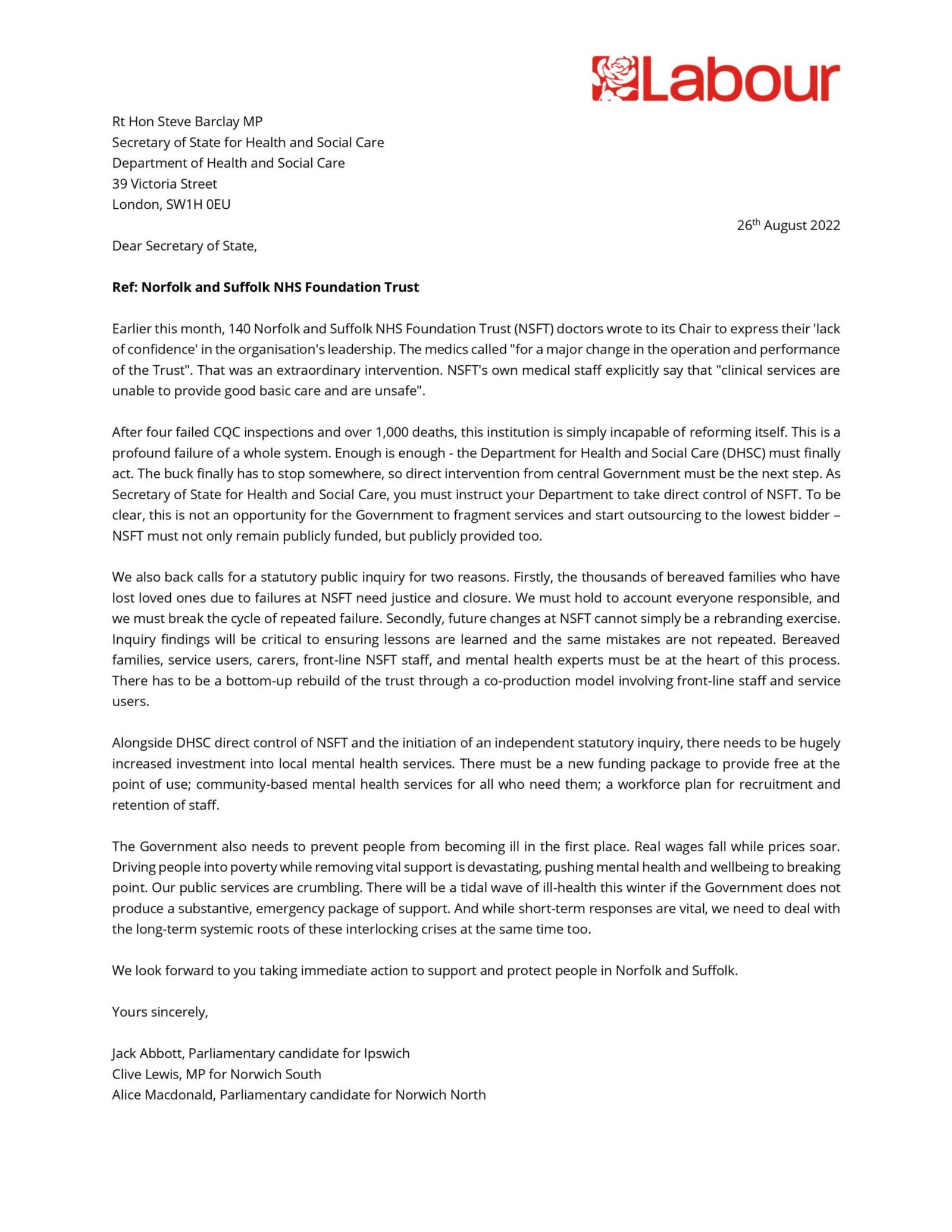 Letter to the Secretary of State for Health and Social Care re the Norfolk and Suffolk NHS Foundation Trust