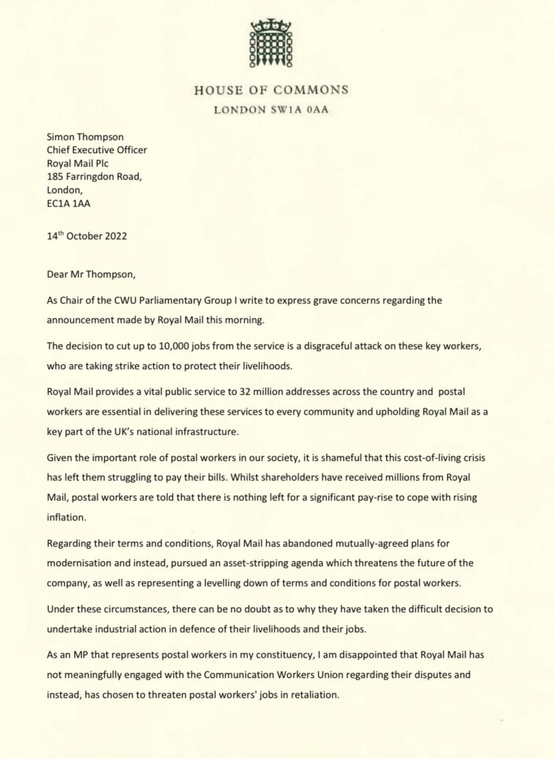 Letter from the CWU to Royal Mail CEO 1