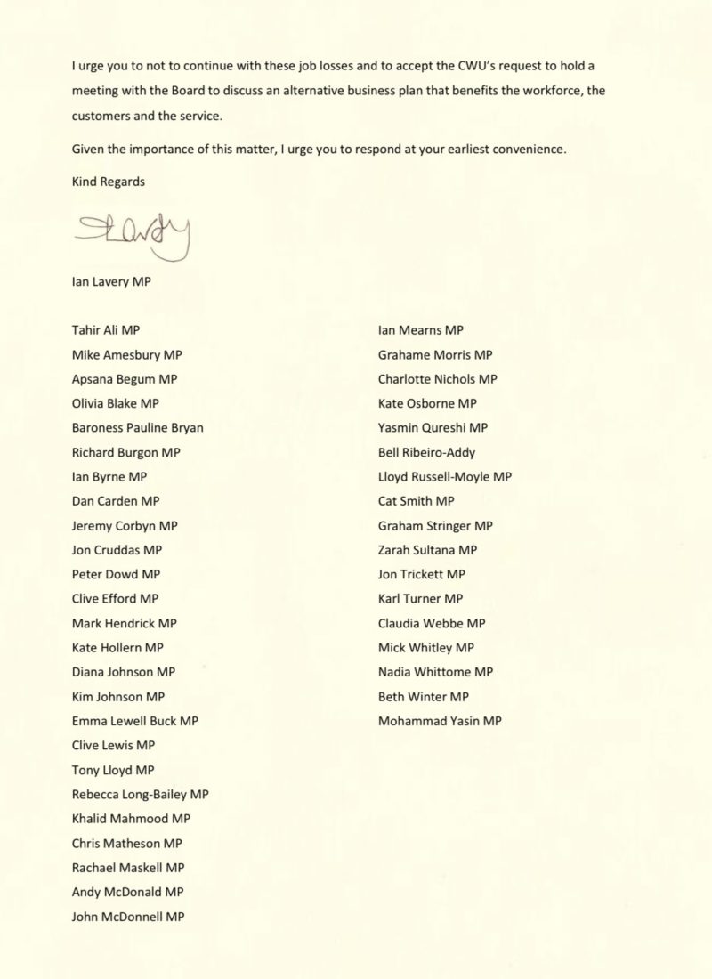 Letter from the CWU to Royal Mail CEO 2