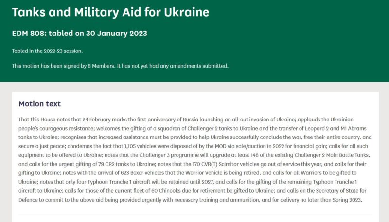 Text of EDM 808: Tanks and Military Aid for Ukraine