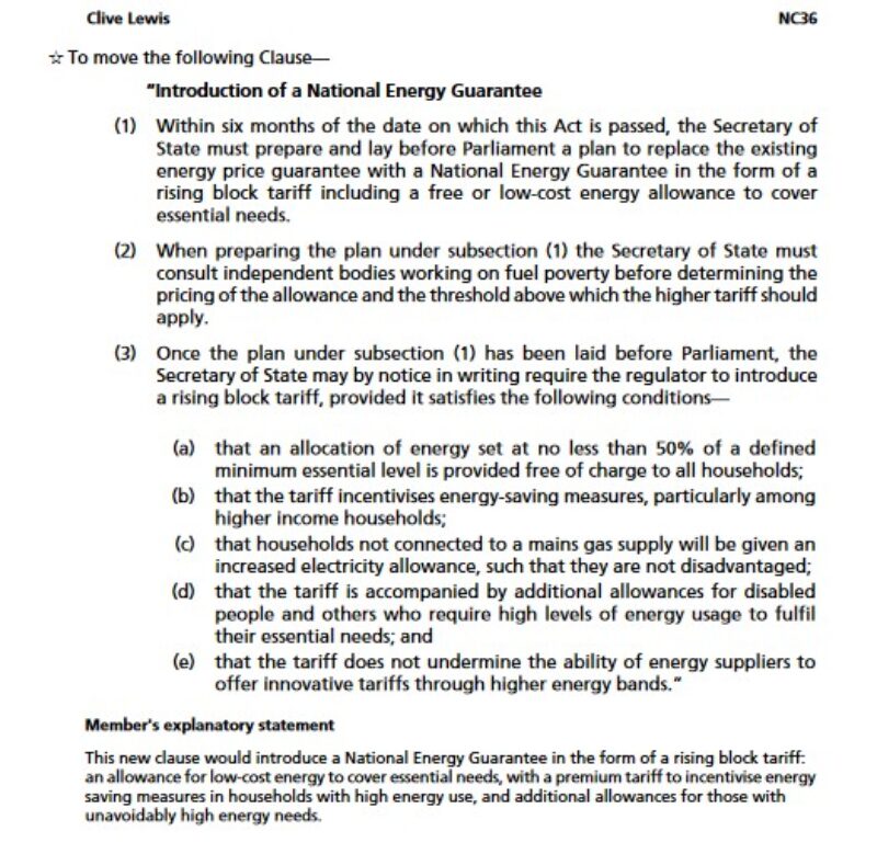 Clive Lewis MP tables National Energy Guarantee amendment to the Energy Bill