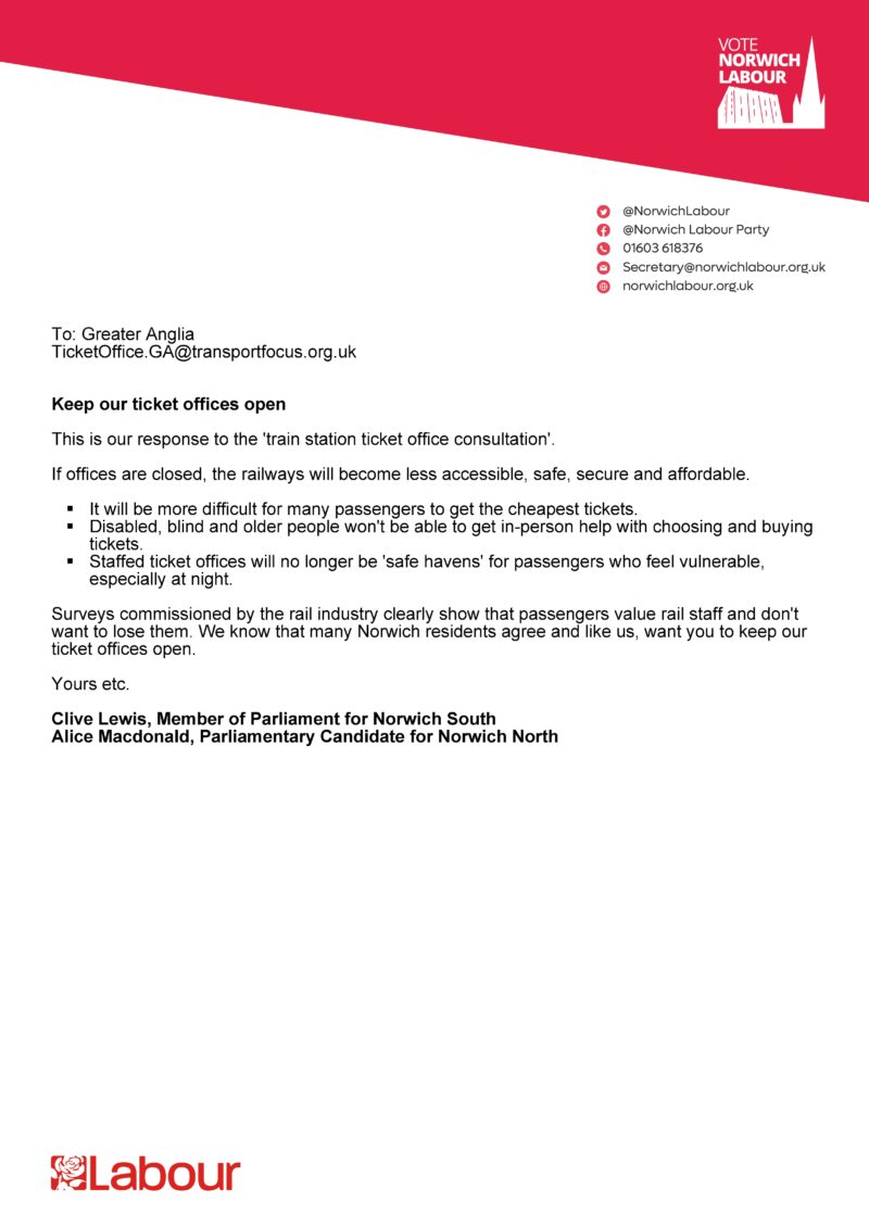 Response to Greater Anglia the the train station ticket office consultation