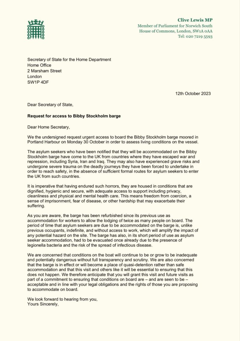 Letter to Home Secretary re Bibby Stockholm