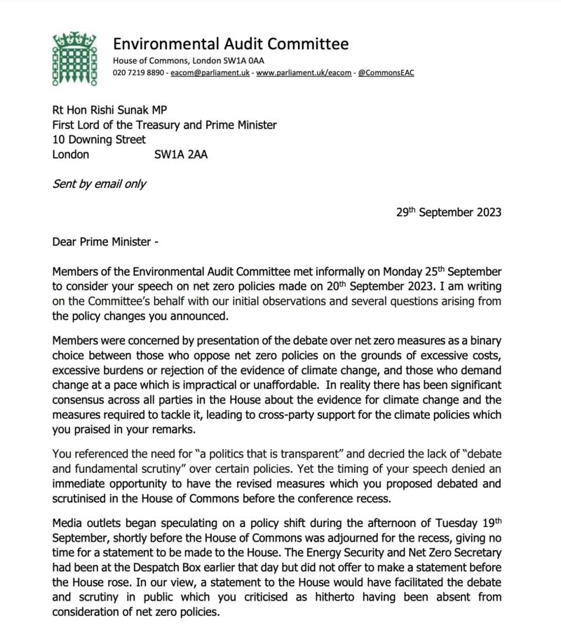 A letter written on the behalf of the Environmental Audit Committee to the Prime Minister