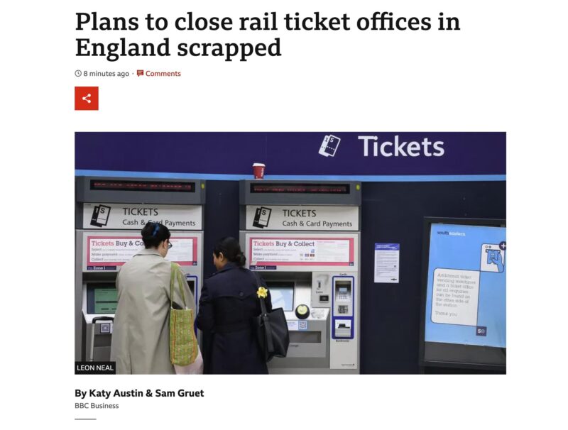 A BBC News headline "Plans to close rail ticket offices in England scrapped".