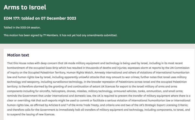 I have joined over 70 MPs from across parties to call on the Government to immediately halt all transfers of military equipment and technology, including components, to Israel.