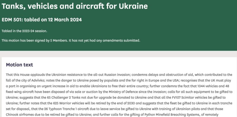 A screenshot of Early Day Motion 501 titled "Tanks, vehicles and aircraft for Ukraine".