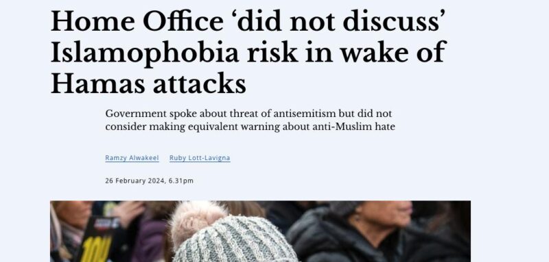 An article from OpenDemocracy with the headline: Home Office ‘did not discuss’ Islamophobia risk in wake of Hamas attacks