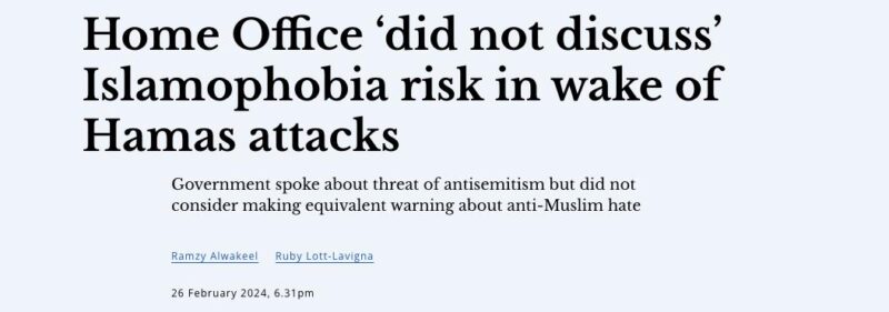 An article from OpenDemocracy with the headline: Home Office ‘did not discuss’ Islamophobia risk in wake of Hamas attacks