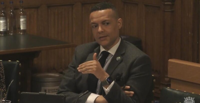 A screenshot of Clive Lewis MP asking questions at the Environmental Audit Sub-Committee session on Polar Research