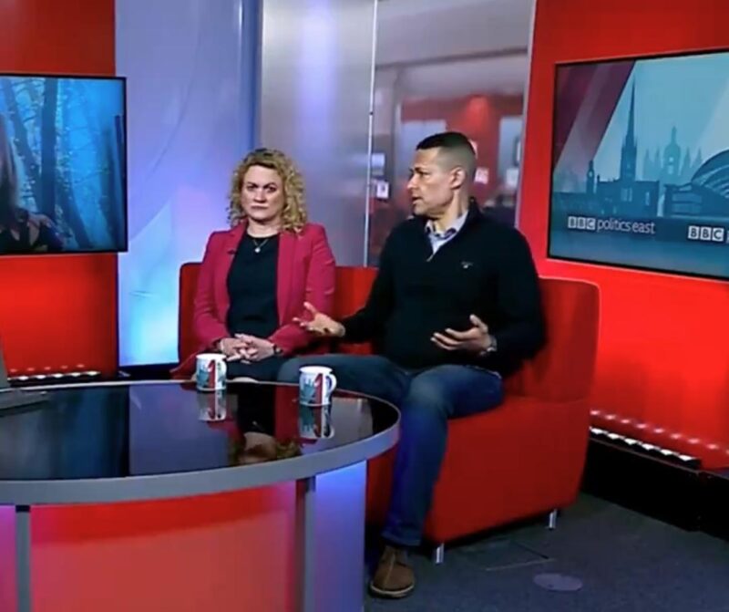 A screenshot of Clive Lewis MP alongside Cllr Louise McKinlay on BBC Politics East
