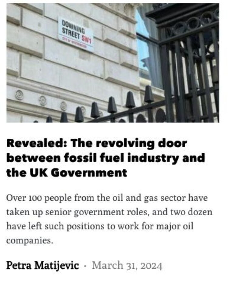A screenshot of an article from The Ferret. The headline says: Revealed: The revolving door between fossil fuel industry and the UK Government