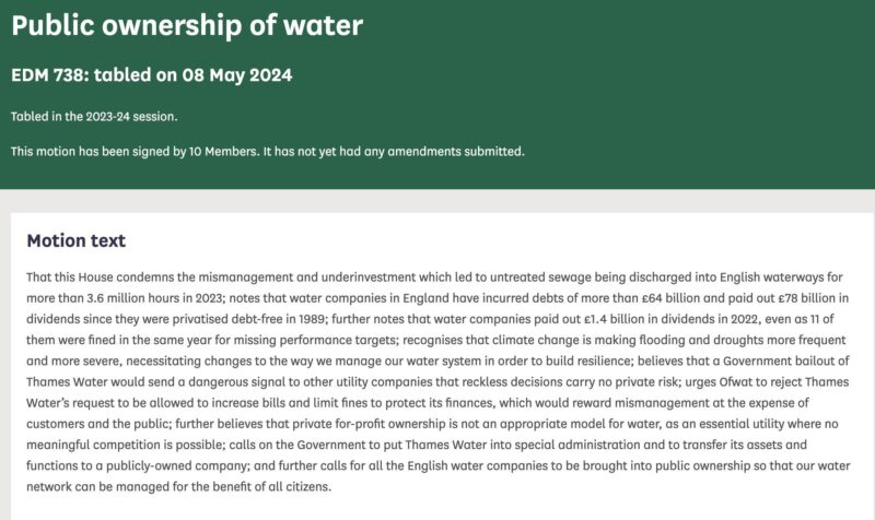 A screenshot of Early Day Motion 738, calling for the public ownership of water.