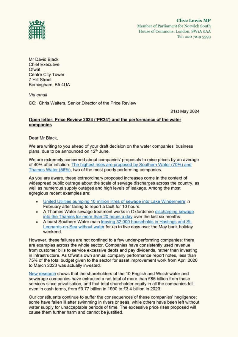 Letter from MPs to Ofwat page 1