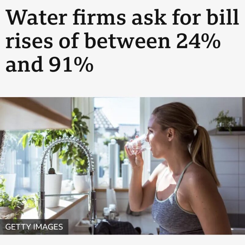 An article from the BBC. The headline reads as follows: Water firms ask for bill rises of between 24% and 91%