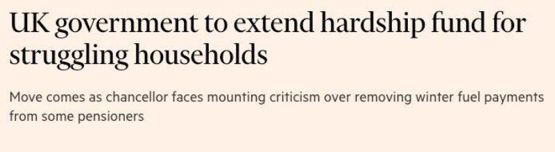 A screenshot from an article in the Financial Times. The headline says: UK government to extend hardship fund for struggling households.