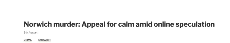 A screenshot of an article from the Norwich Evening News. The headline reads as follows: Norwich murder: Appeal for calm amid online speculation.